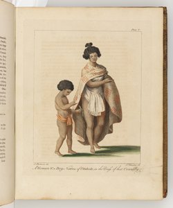 Egy nő és egy fiú, Otaheite bennszülöttjei, illusztráció a Déli-tengeri utazás naplójából: Őfelsége hajón, az Endeavourban, 1794 (kézzel színezett metszet)